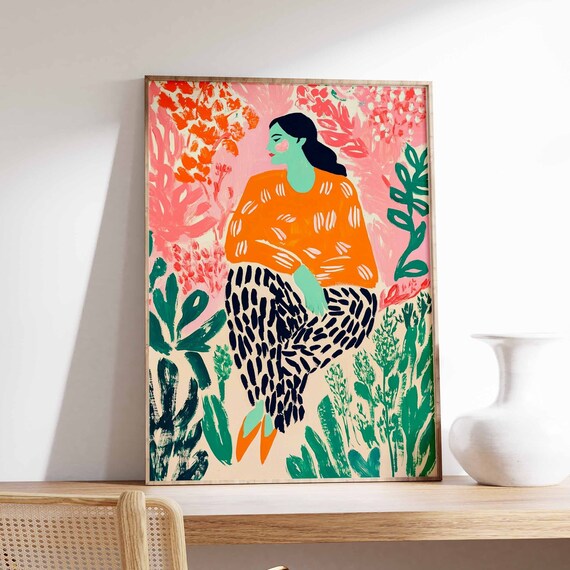 Woman in Orange Sweater Among Pink Flowers Colorful Botanical Poster