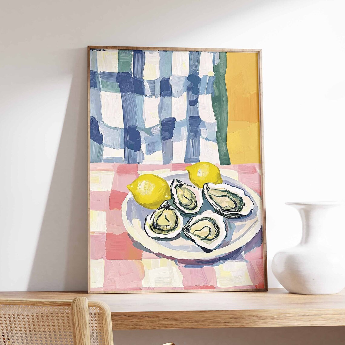 Watercolor Oysters and Lemons Pink Check Coastal Kitchen Wall Art