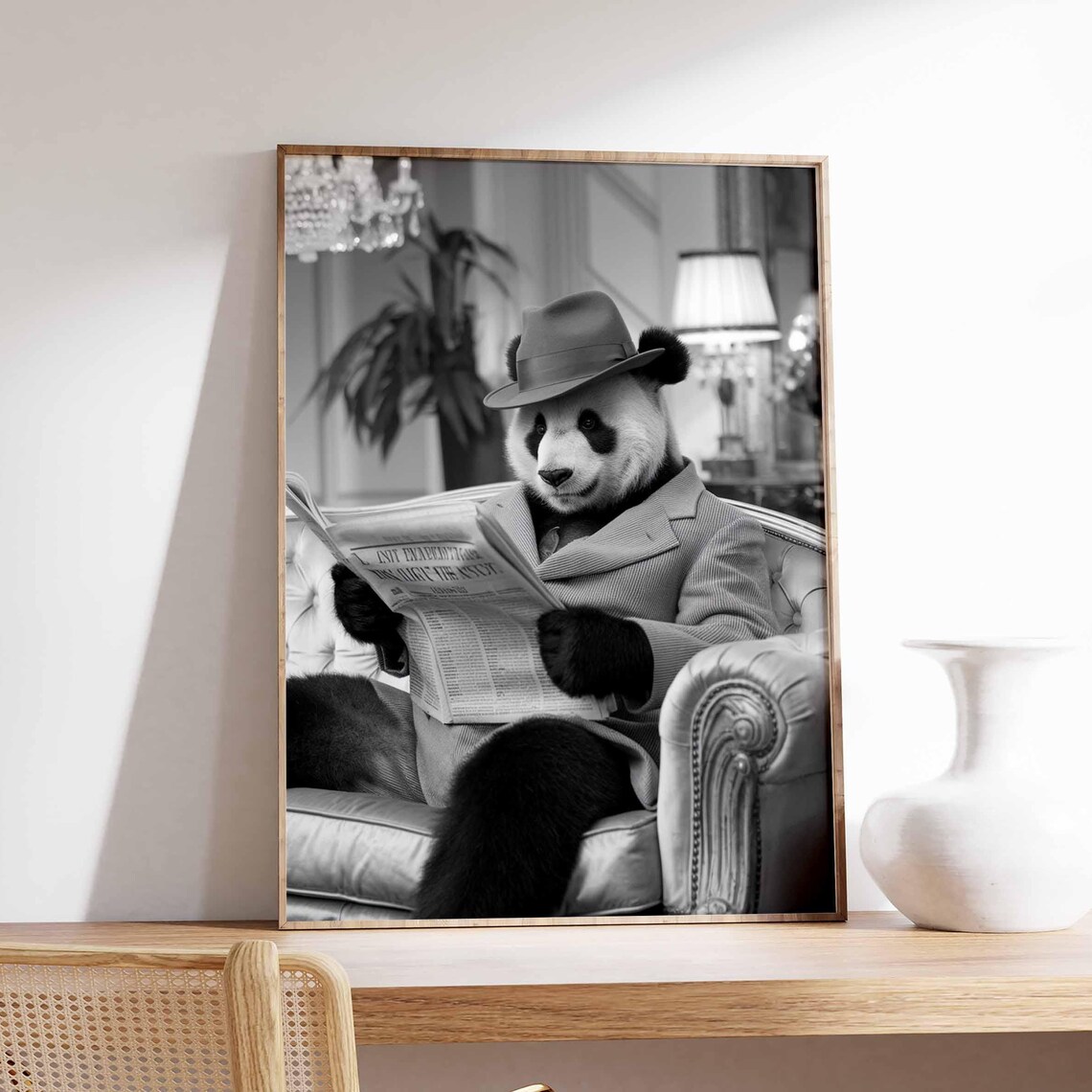 Panda in Fedora Reading Newspaper Vintage Black White Animal Poster