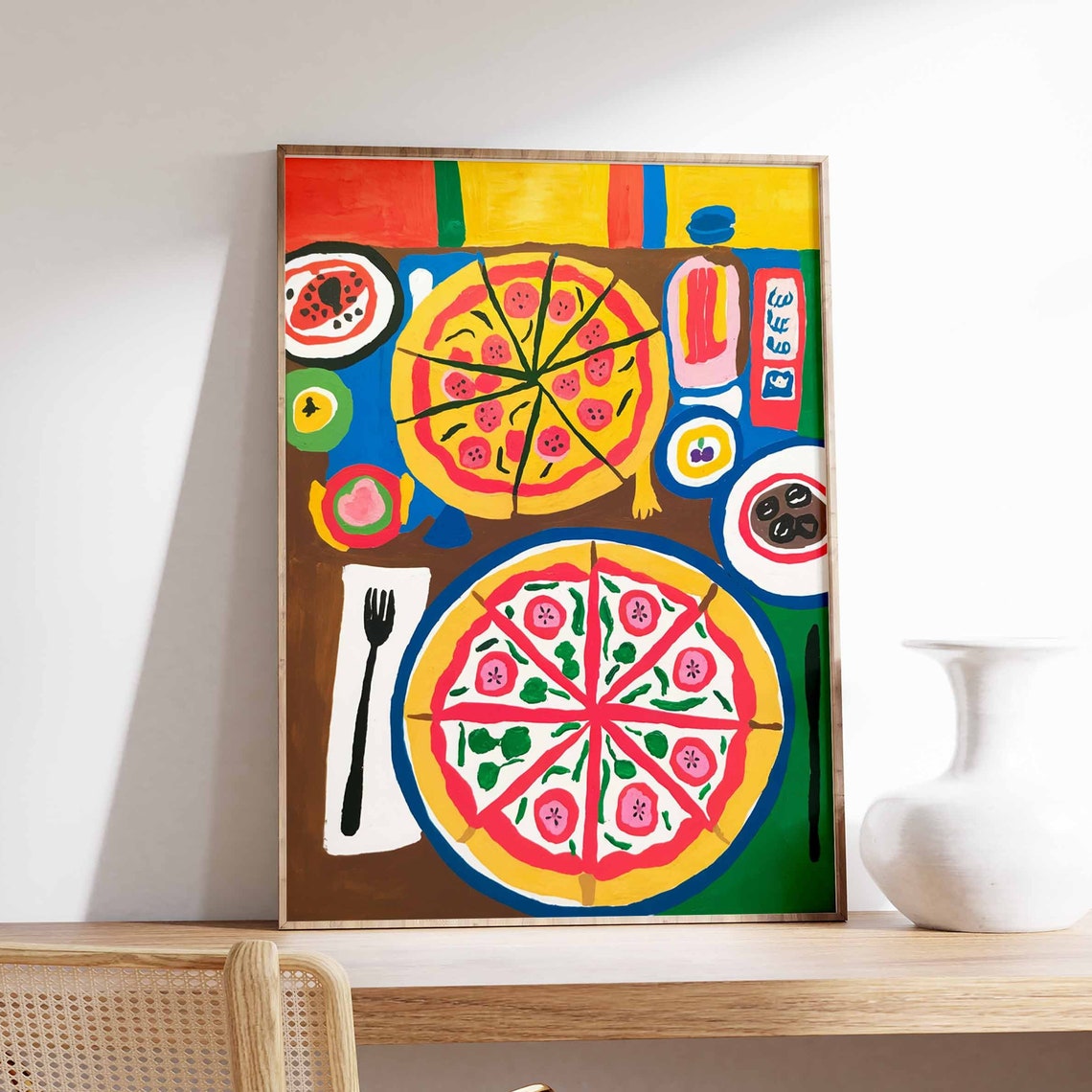 Colorful Pizza Dinner Feast Illustration Retro Kitchen Art Poster