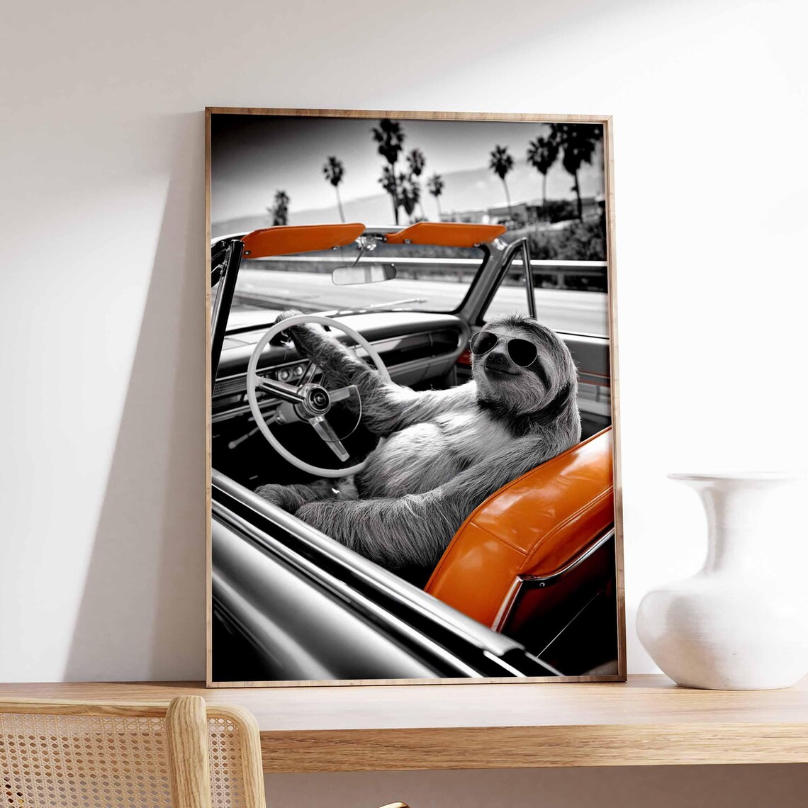 Relaxed Sloth In Sunglasses Driving Vintage Convertible Poster