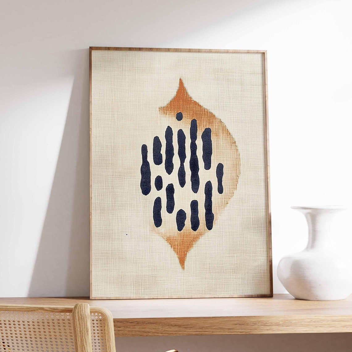 Abstract Amber Leaf With Navy Brush Marks Modern Minimalist Art Poster