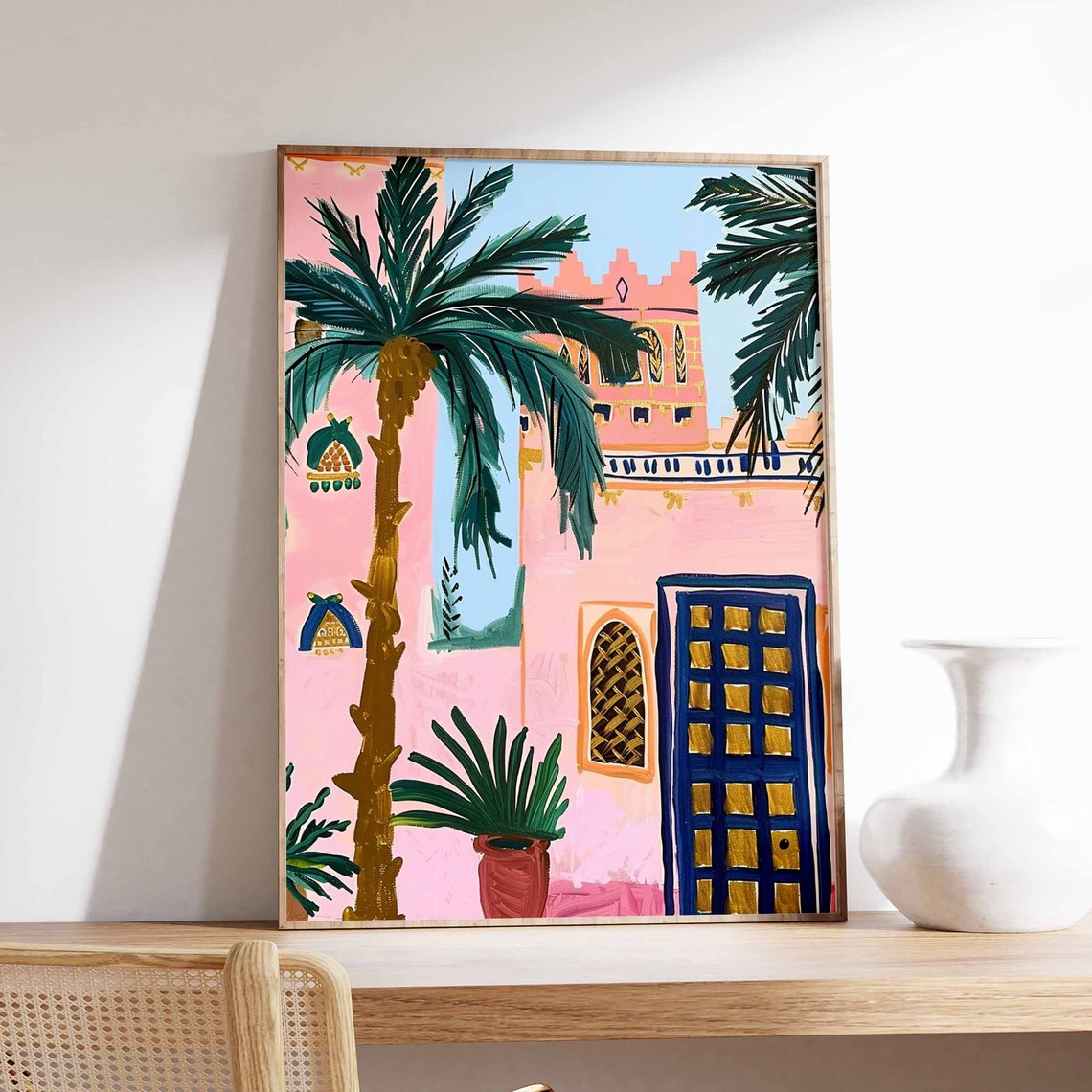 Pink Moroccan Courtyard Palm Trees Riad Style Painting Poster