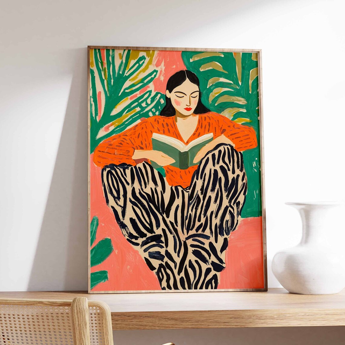 Woman Reading Green Book Orange Top Zebra Pants Tropical Poster