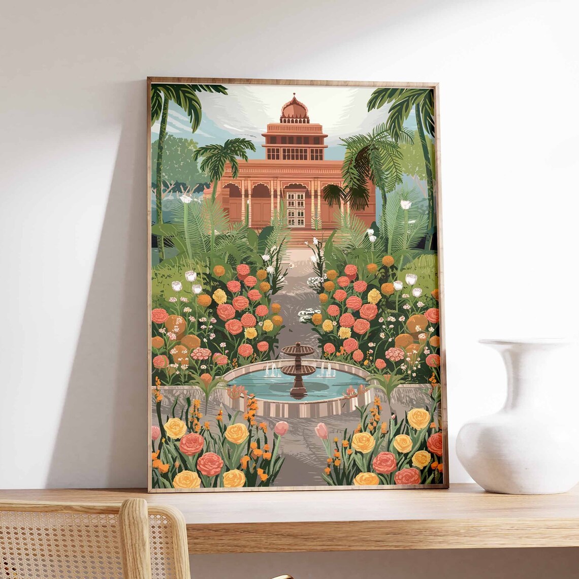 Indian Pavilion Lush Flower Garden Water Fountain Artwork Poster