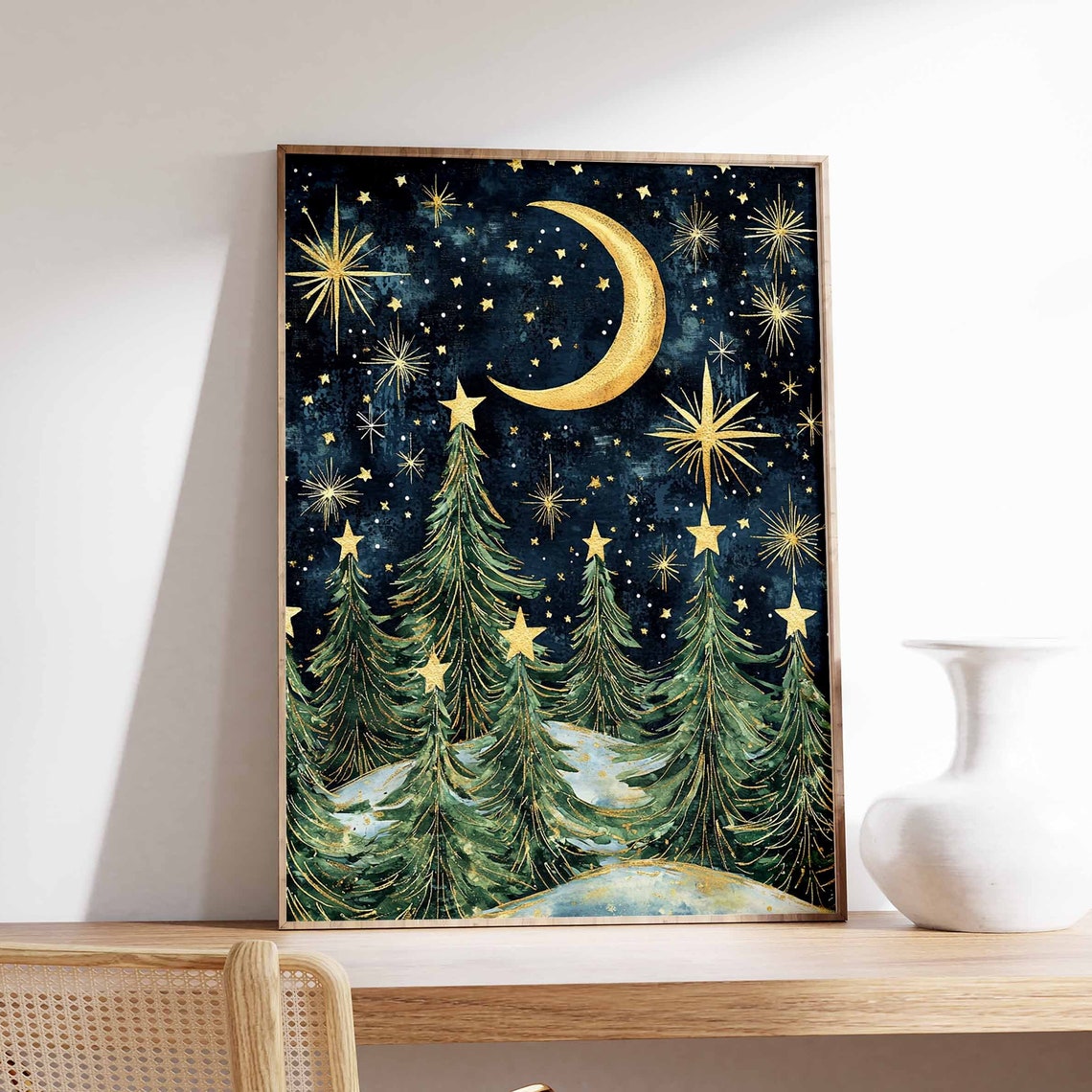 Christmas Winter Night Pine Trees Starry Sky Gold Moon Poster - Image 5