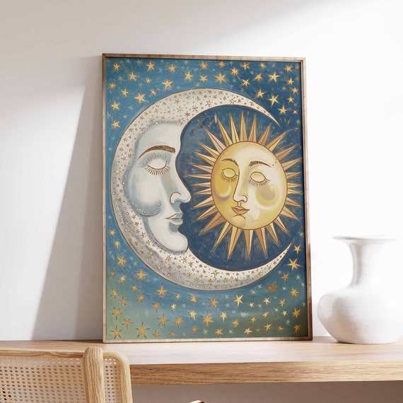 Sun And Moon Poster Celestial Poster Spiritual Decor Vintage Poster Retro Print 70s Poster Boho Poster Mystical Art Meditation Art