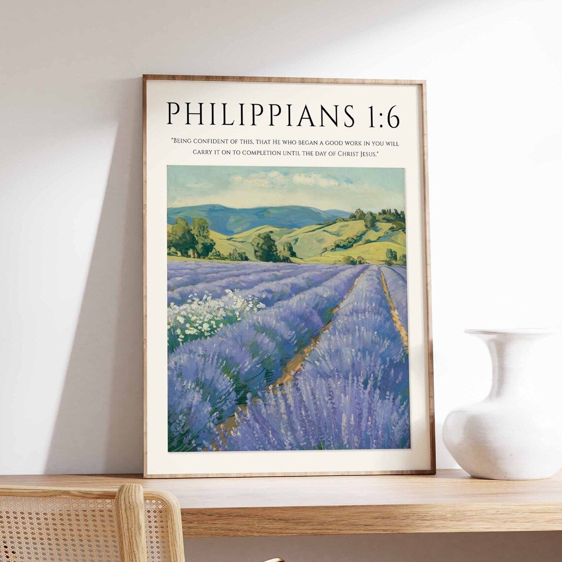 Philippians 1:6 Bible Verse Lavender Field Monet Style Christian Art Poster