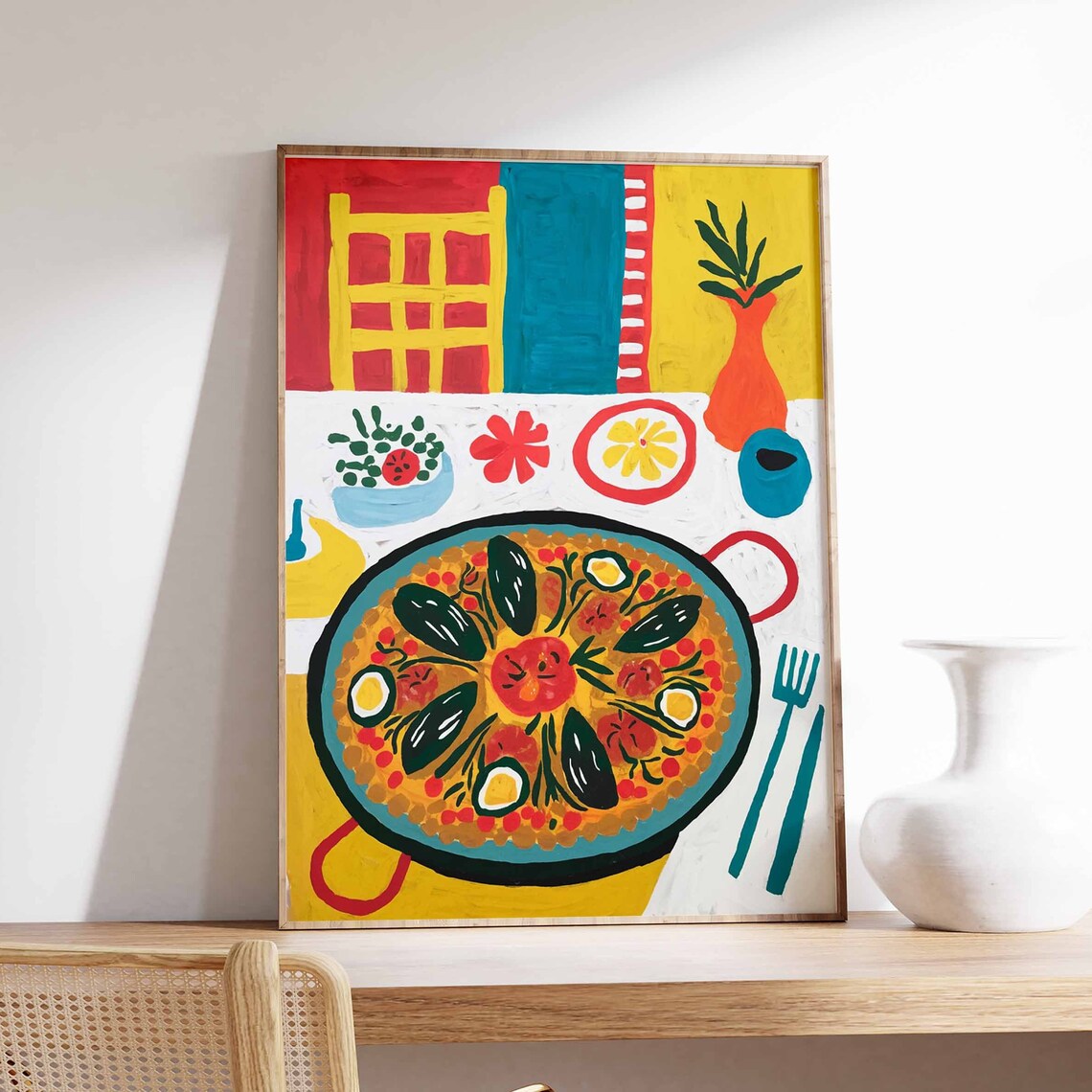 Spanish Paella Seafood Pan Folk Art Kitchen Wall Decor Poster