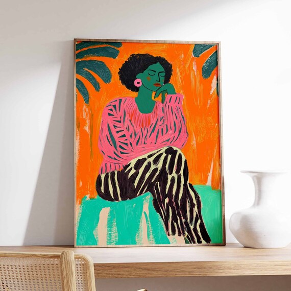Pensive Woman Pink Sweater Zebra Pants Vivid Orange Art Poster