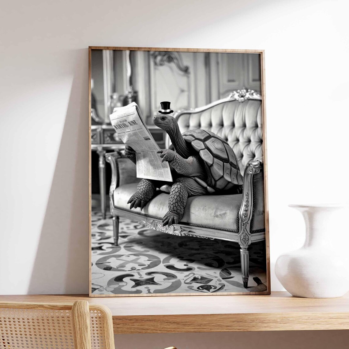 Tortoise in Top Hat Reading Newspaper on Sofa Vintage Funny Poster