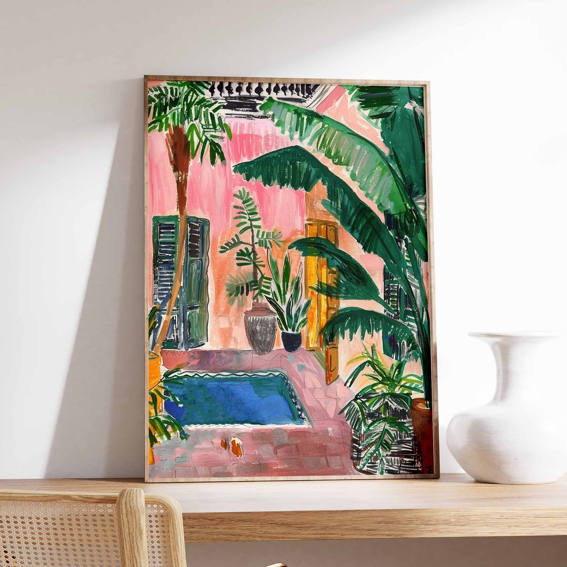 Moroccan Courtyard Pink Wall Palm Trees Blue Tiled Pool Print