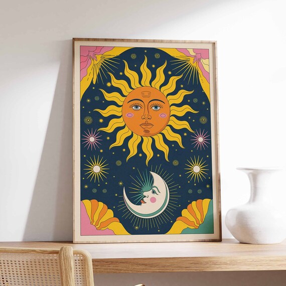 Cheerful Retro Orange Sun And Winking Moon Faces Colorful Poster