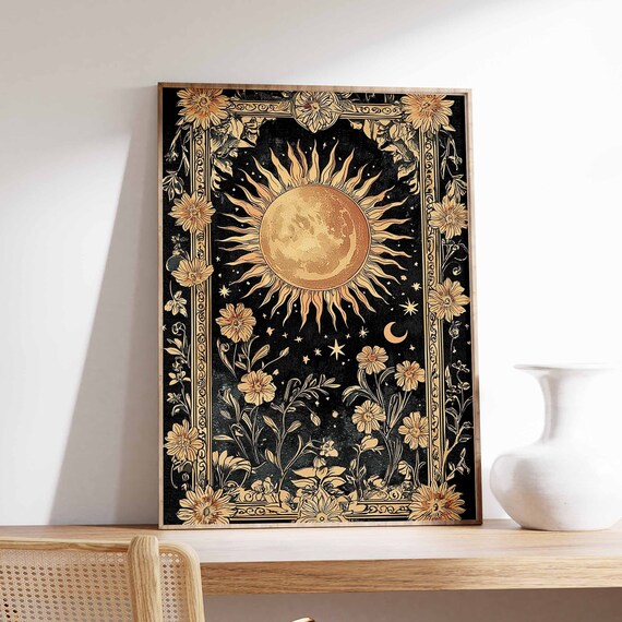 Sun And Moon Celestial Gold On Black Mystical Vintage Wall Poster