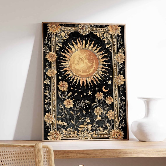 Sun And Moon Poster Celestial Poster Spiritual Decor Vintage Poster Retro Print 70s Poster Boho Poster Mystical Art Meditation Art