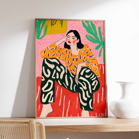 Dreamy Woman Portrait With Bold Patterns Colorful Botanical Poster