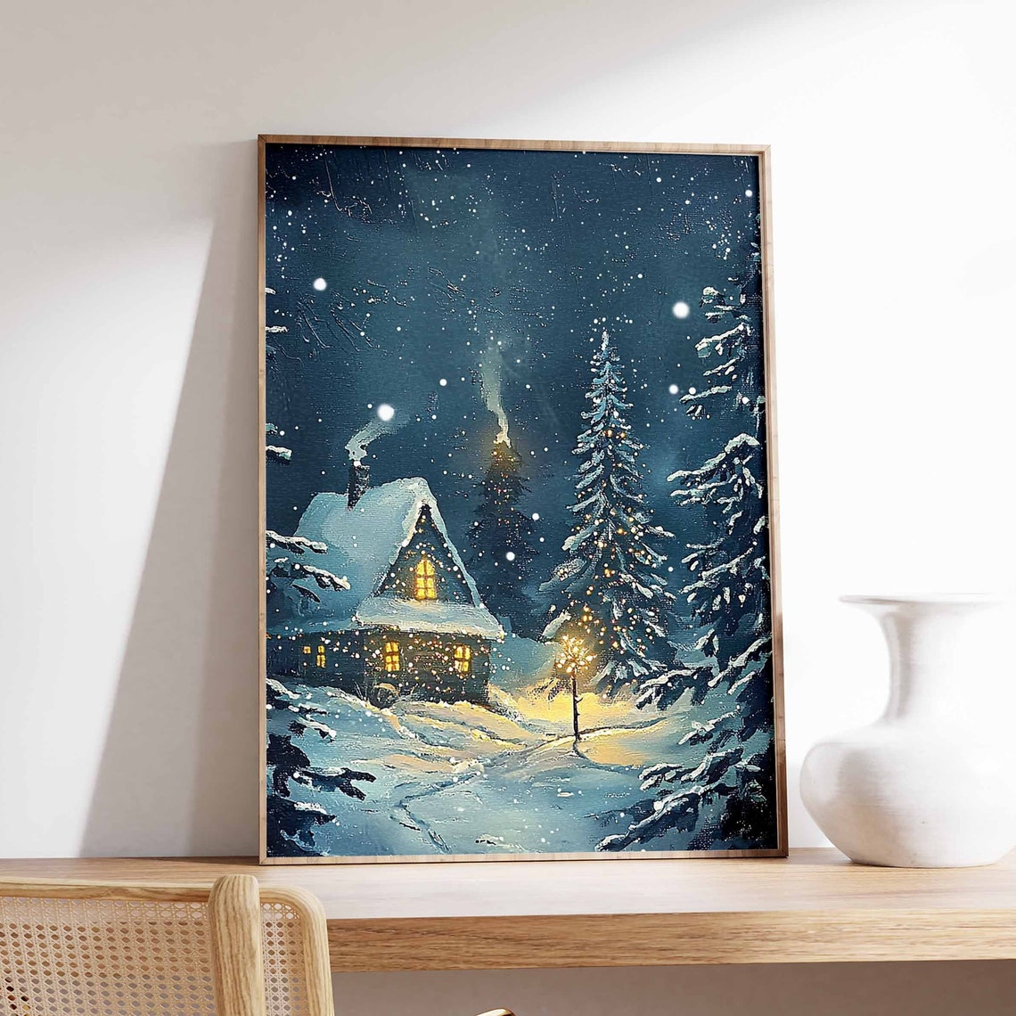 Glowing Snowy Cabin Winter Night Scene With Pine Forest Poster