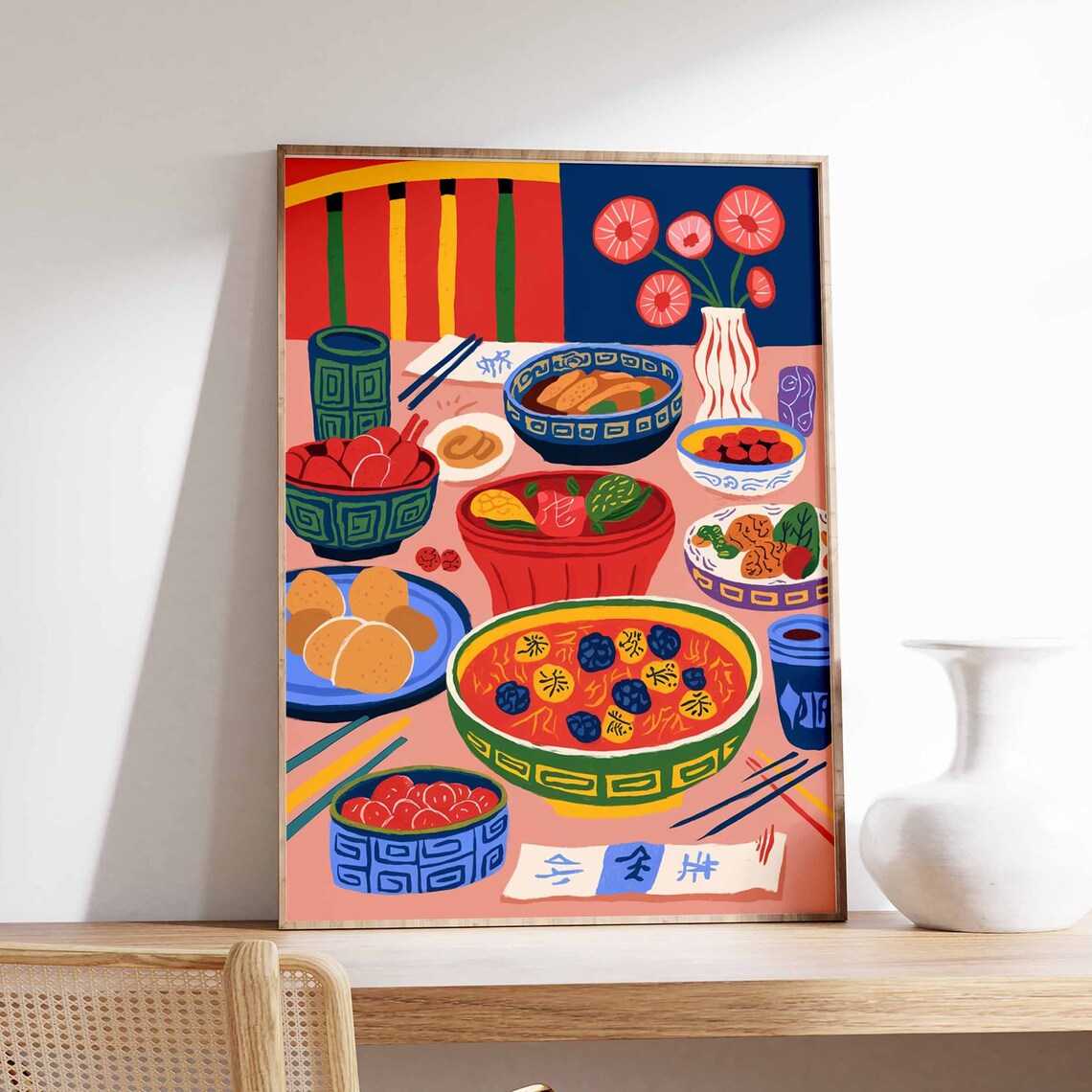 Chinese Family Dinner Scene With Noodle Soup Bowl Festive Poster