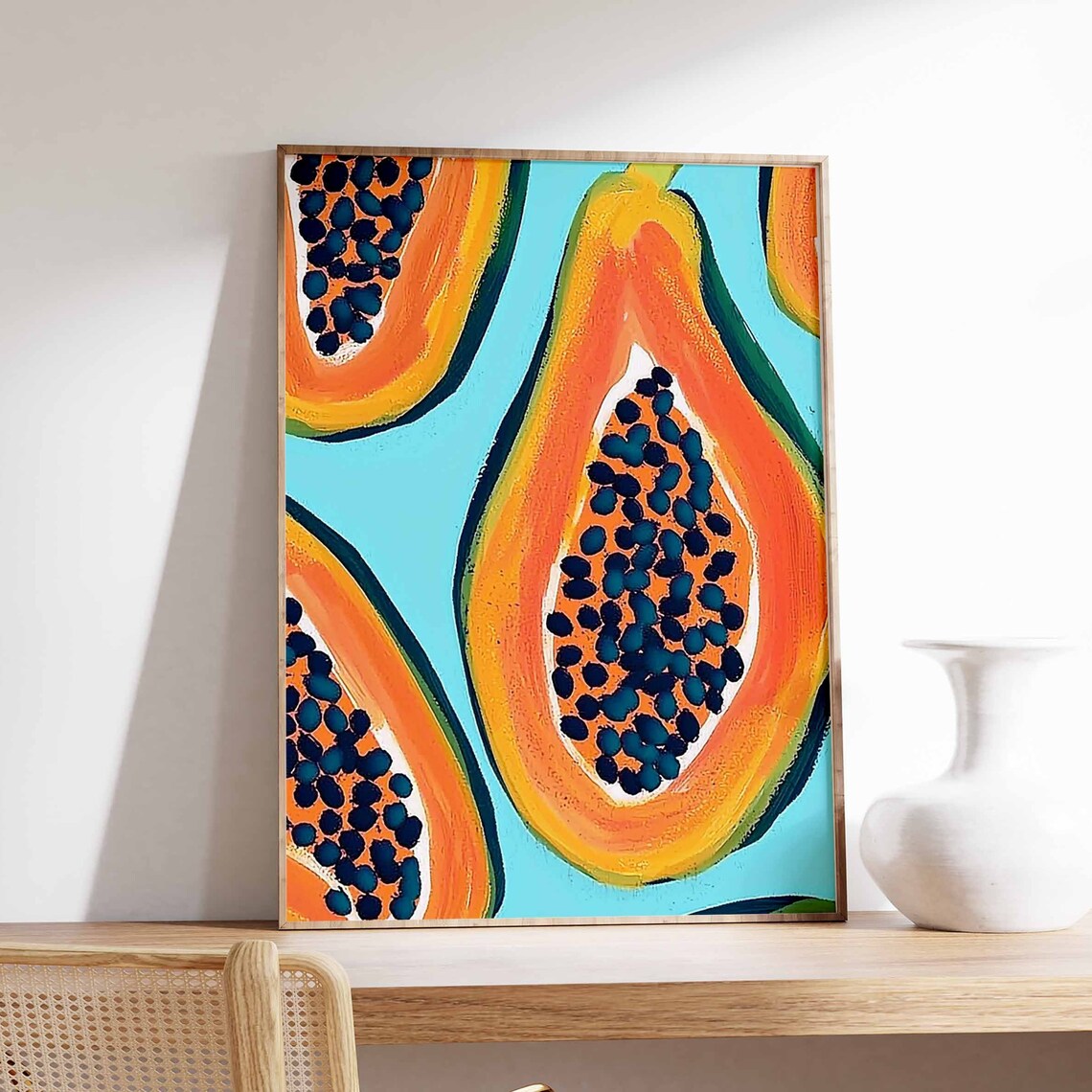 Big Juicy Papaya Halves on Aqua Painterly Pop Art Fruit Poster