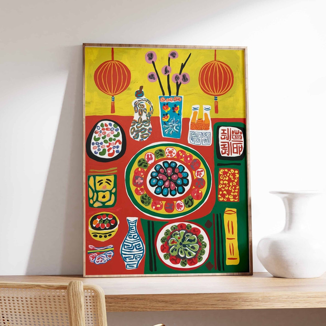 Chinese Banquet Table With Lanterns And Porcelain Vases Poster