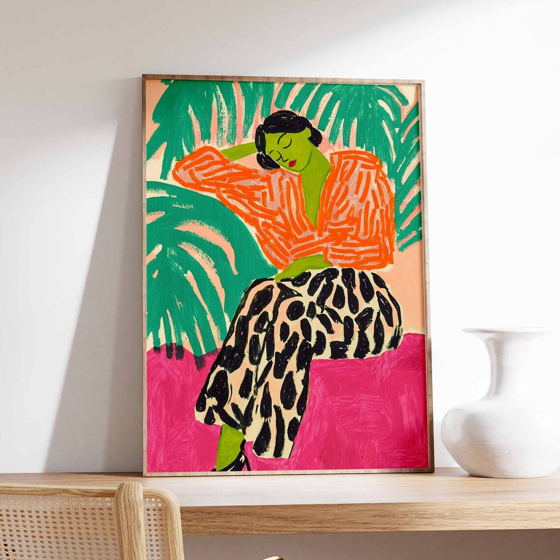 Fauvist Woman Tropical Palm Leaf Orange Blouse Painting Art Poster