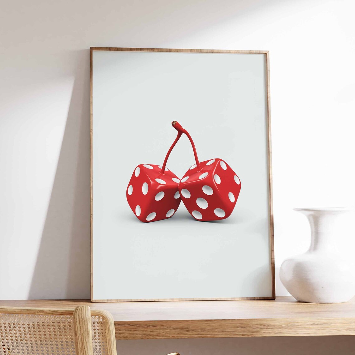 Red Dice Cherry Stems Trendy Minimalist Casino Lucky Charm Poster