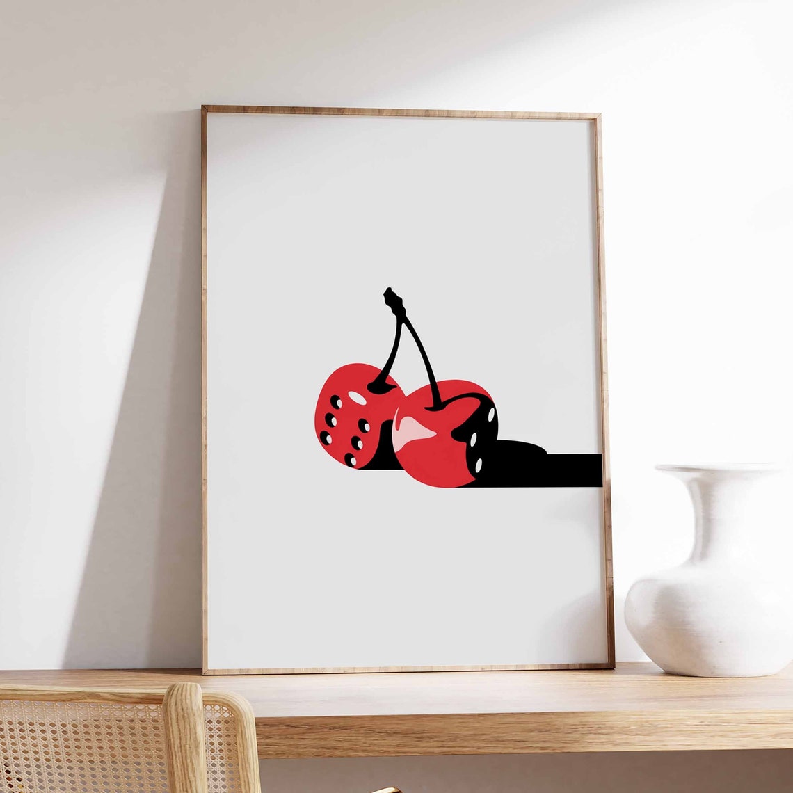 Small Red Cherries Black Dot Dice Retro Minimalist Art Poster