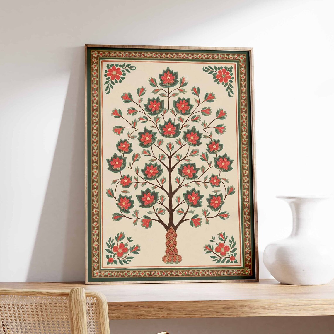 Red Lotus Indian Folk Tree Blossom Botanical Vintage Bloom Art Poster