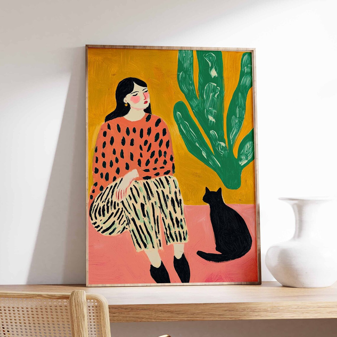 Woman With Black Cat Coral Dotted Top Mustard Yellow Art Poster