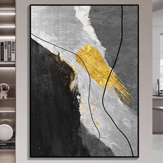 Extra Large Gray Black Gold Painting Abstract Texture Acrylic Art Color Block And Line Artwork Personalized Home Decor Gift