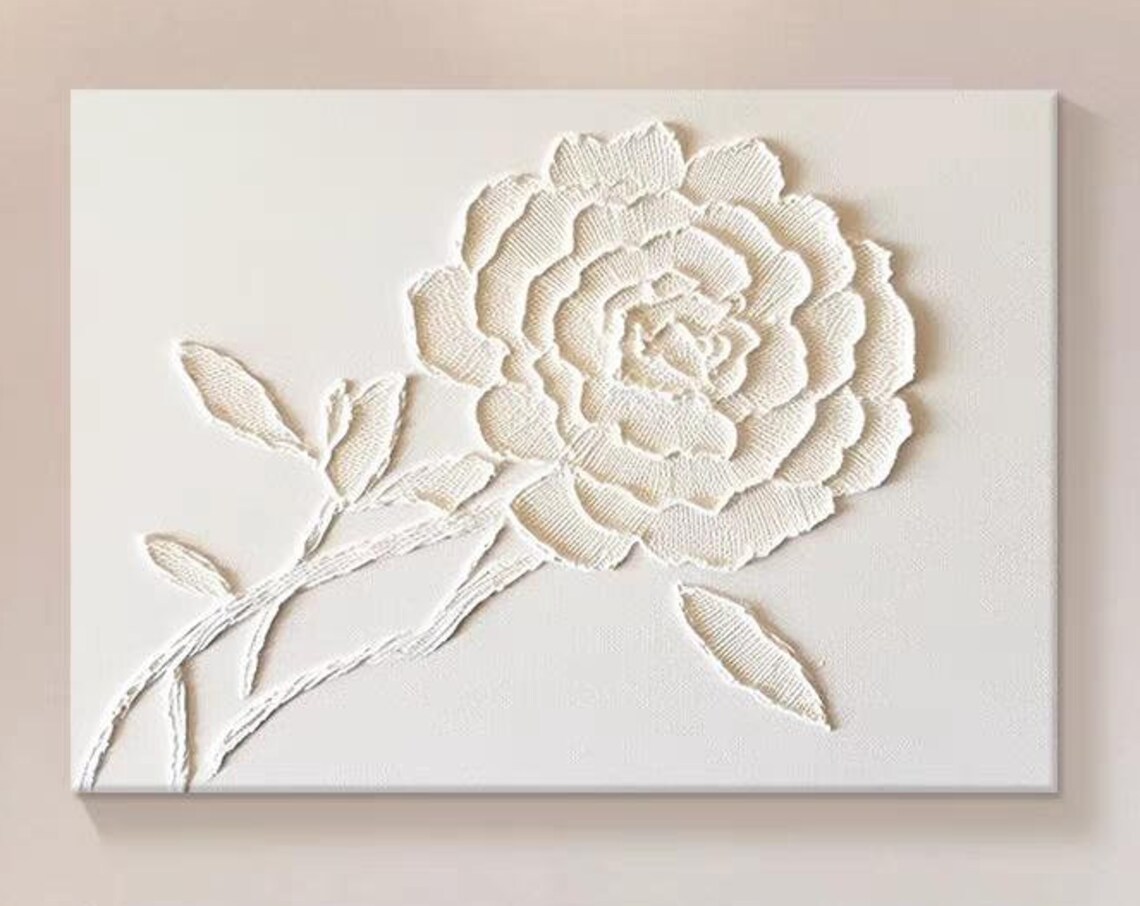 White Rose 3D Impasto Painting Minimalist Floral Relief Art Poster