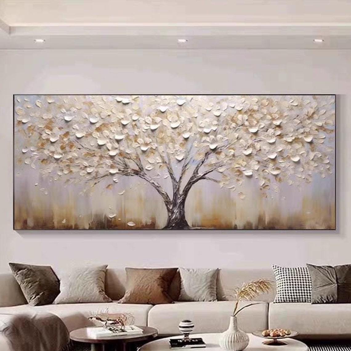 White and Gold Blossom Tree Panoramic Textured Canvas Poster