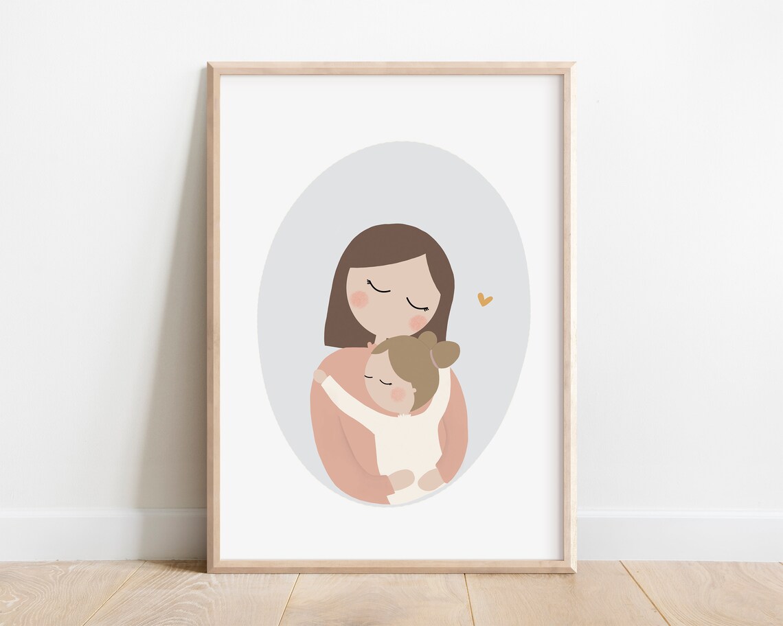 Mother and Daughter Hugging Tender Family Love Blush Nursery Poster