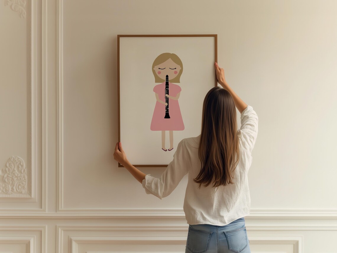 Girl Playing Black Clarinet Pink Dress Kids Music Instrument Art Poster - Image 2