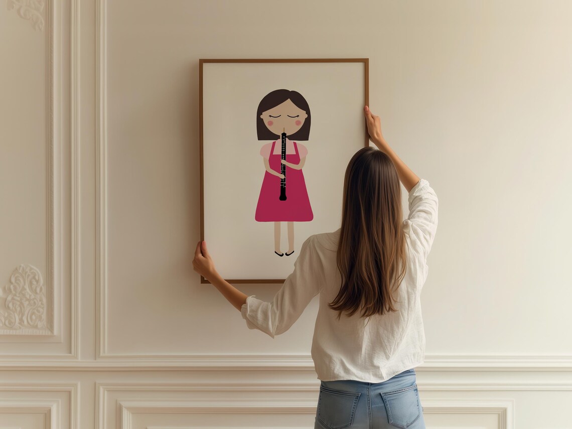 Girl Playing Black Oboe Magenta Dress Kids Music Instrument Art Poster - Image 2