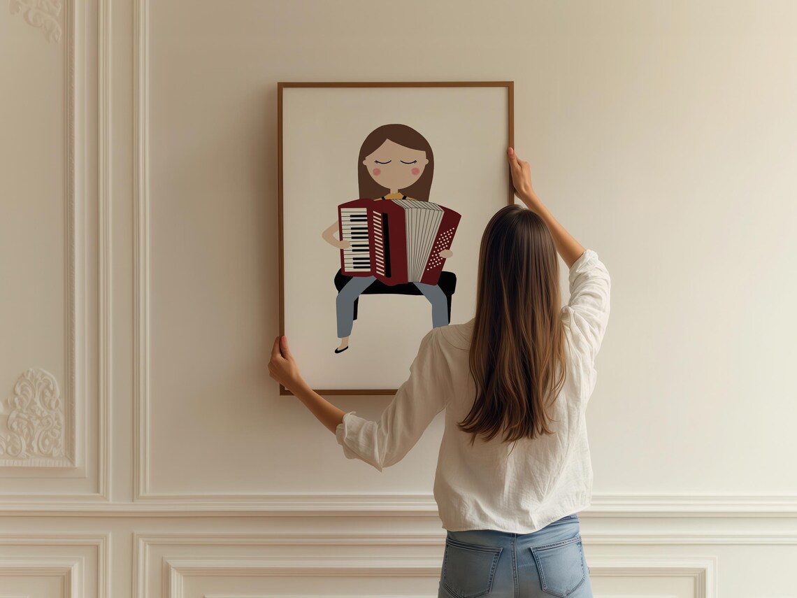 Girl Playing Red Piano Accordion Kids Music Instrument Illustration Poster - Image 2