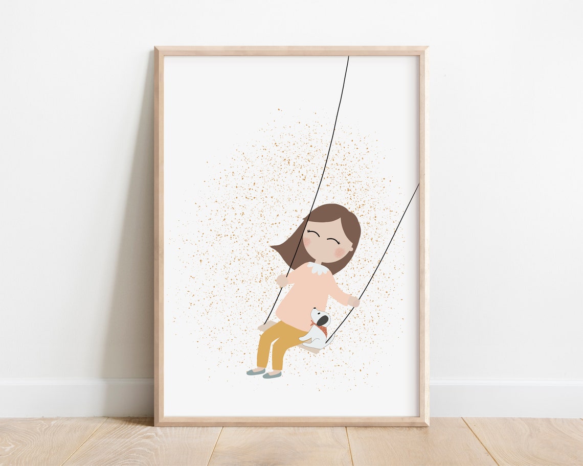Little Girl On A Swing Art Print Swing Nursery Art Modern Nursery Art Print Little Girl Artwork Girl Bedroom Wall Art