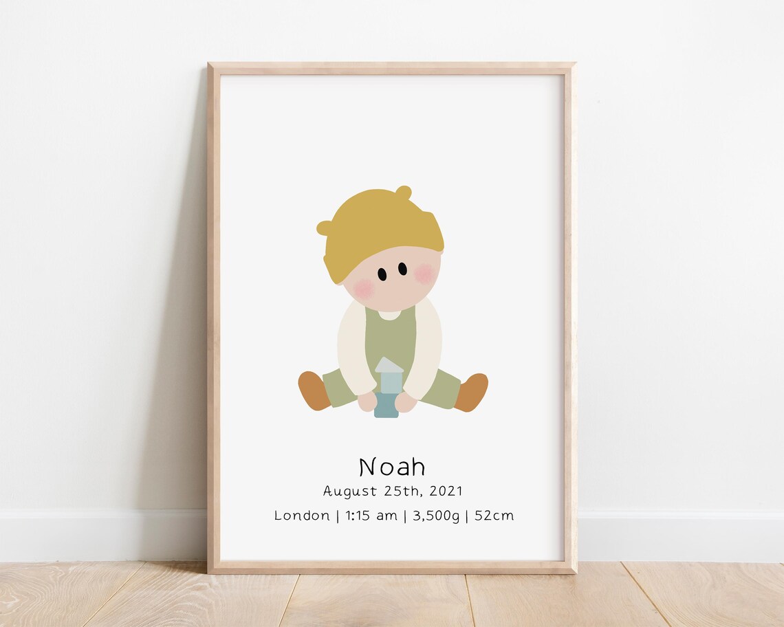 Baby Boy Birth Stats Personalized Newborn Nursery Wall Art Print