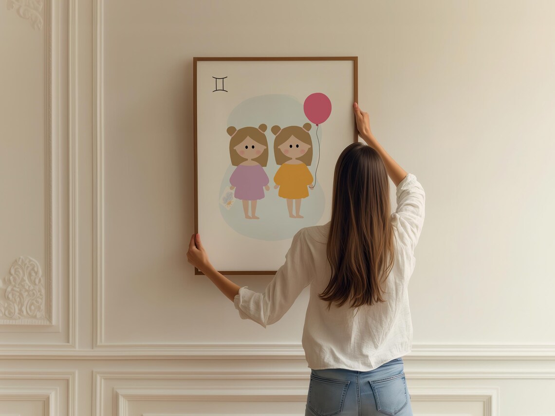 Gemini Zodiac Twin Girls Balloon Cute Horoscope Baby Nursery Poster - Image 2