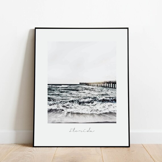 Florida Beach Pier Black White Photography Coastal Travel Poster