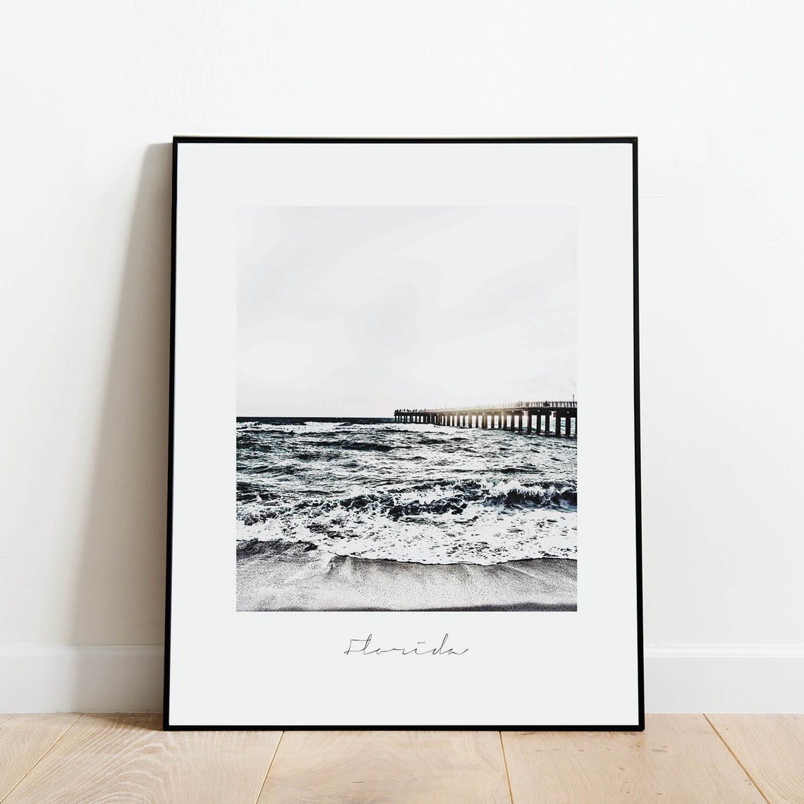 Florida Beach Pier Black White Photography Coastal Travel Poster