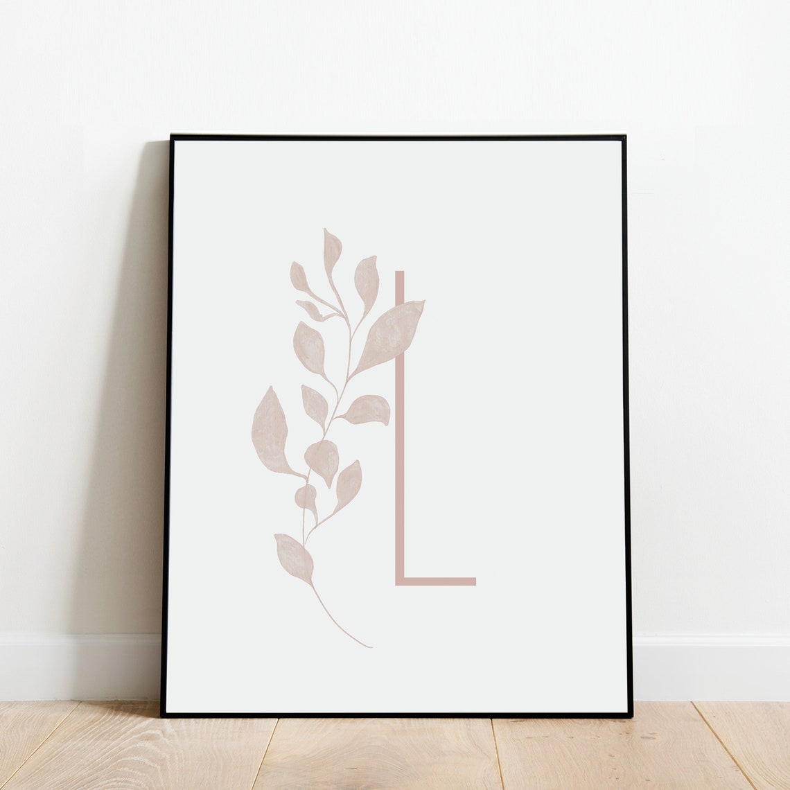 Letter L Botanical Initial Print with Soft Gray Leaf Sprig Artwork - Image 2
