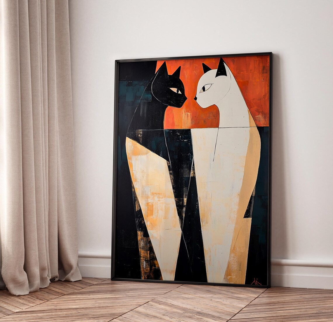 Black And White Geometric Cat Couple Facing Orange Art Poster