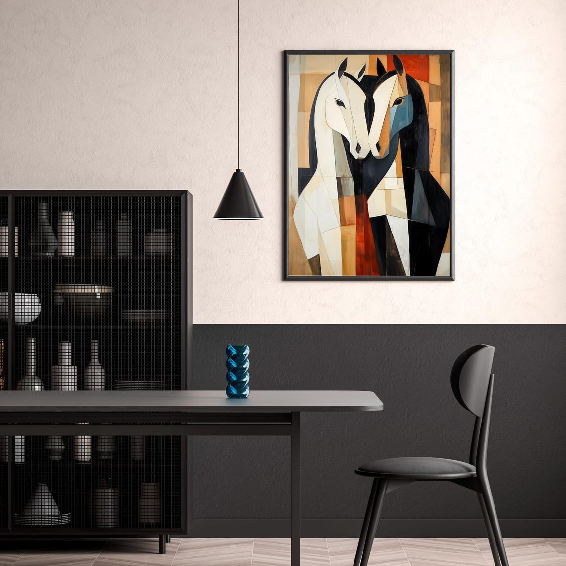 Geometric Black White Horse Pair Cubist Warm Palette Art Poster - Image 3