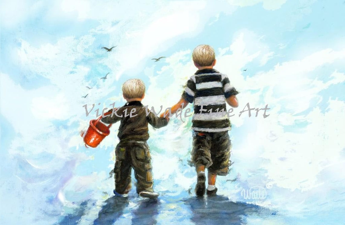 Two Little Blonde Brothers Holding Hands Beach Sunset Art Poster