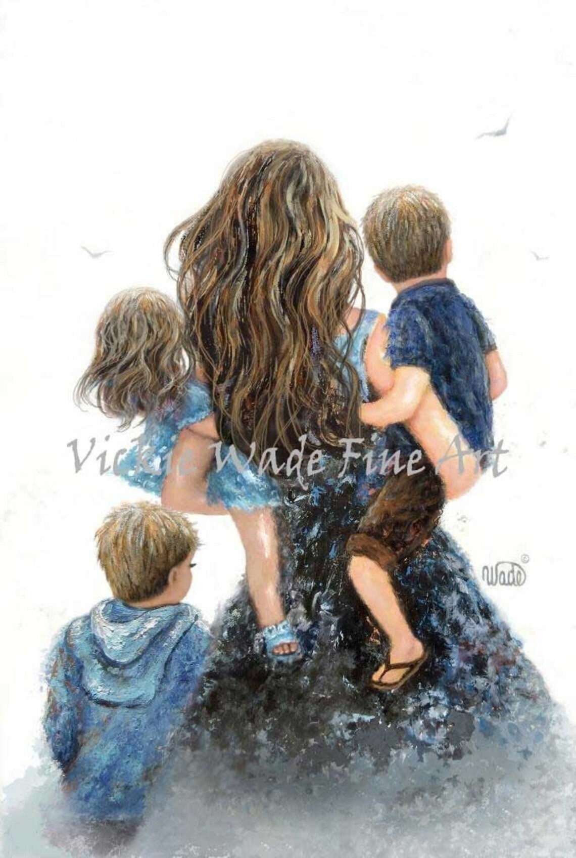 Long Haired Mother Carrying Two Sons And Daughter In Blue Poster