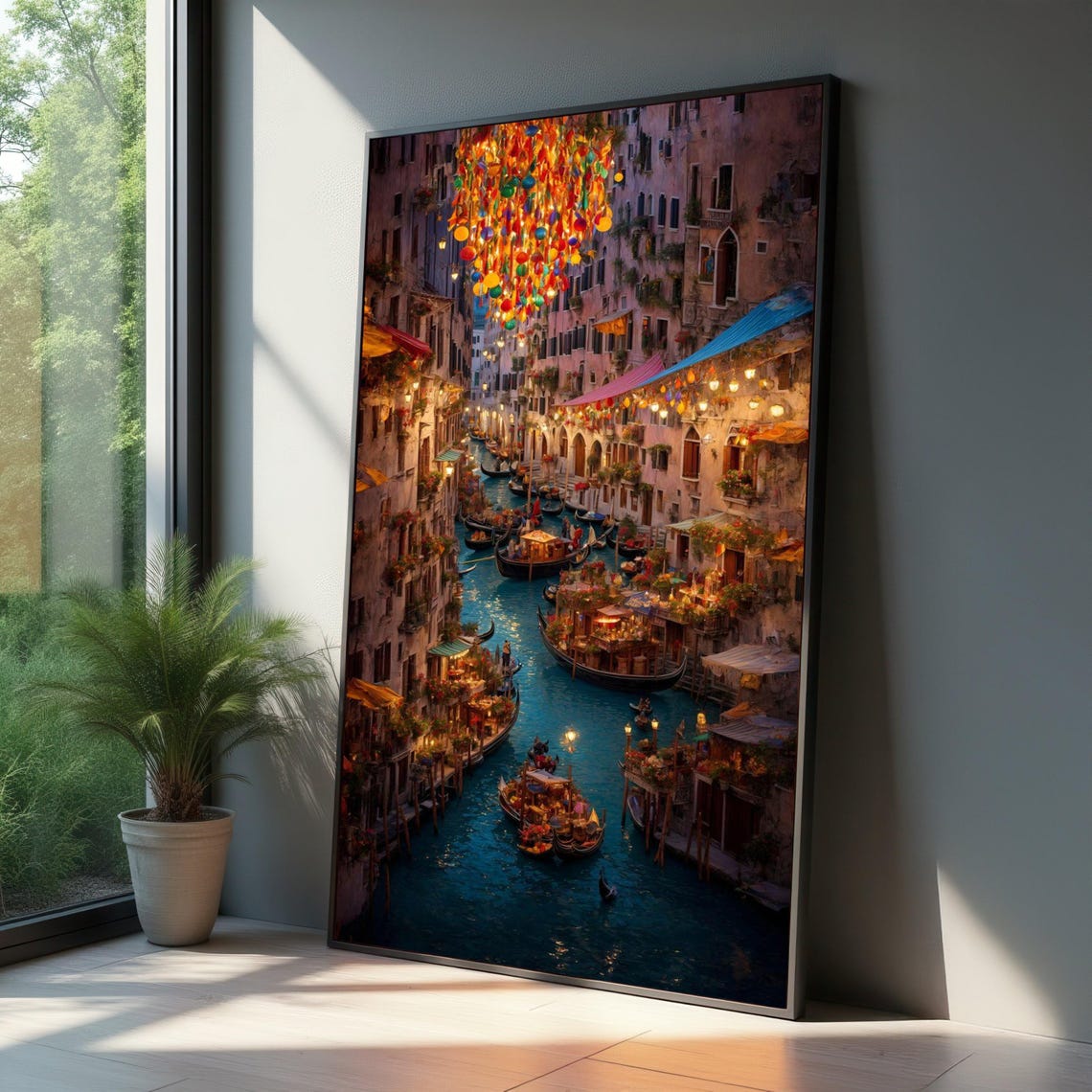 Venice Canal Evening Colorful Lanterns Gondolas Night Wall Art