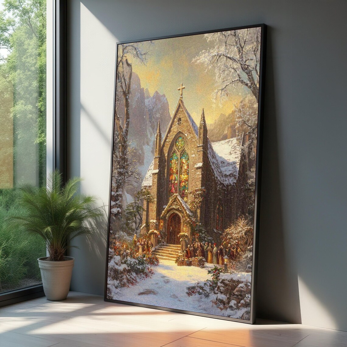 Winter Chapel Scene, Vintage Religious Art Print