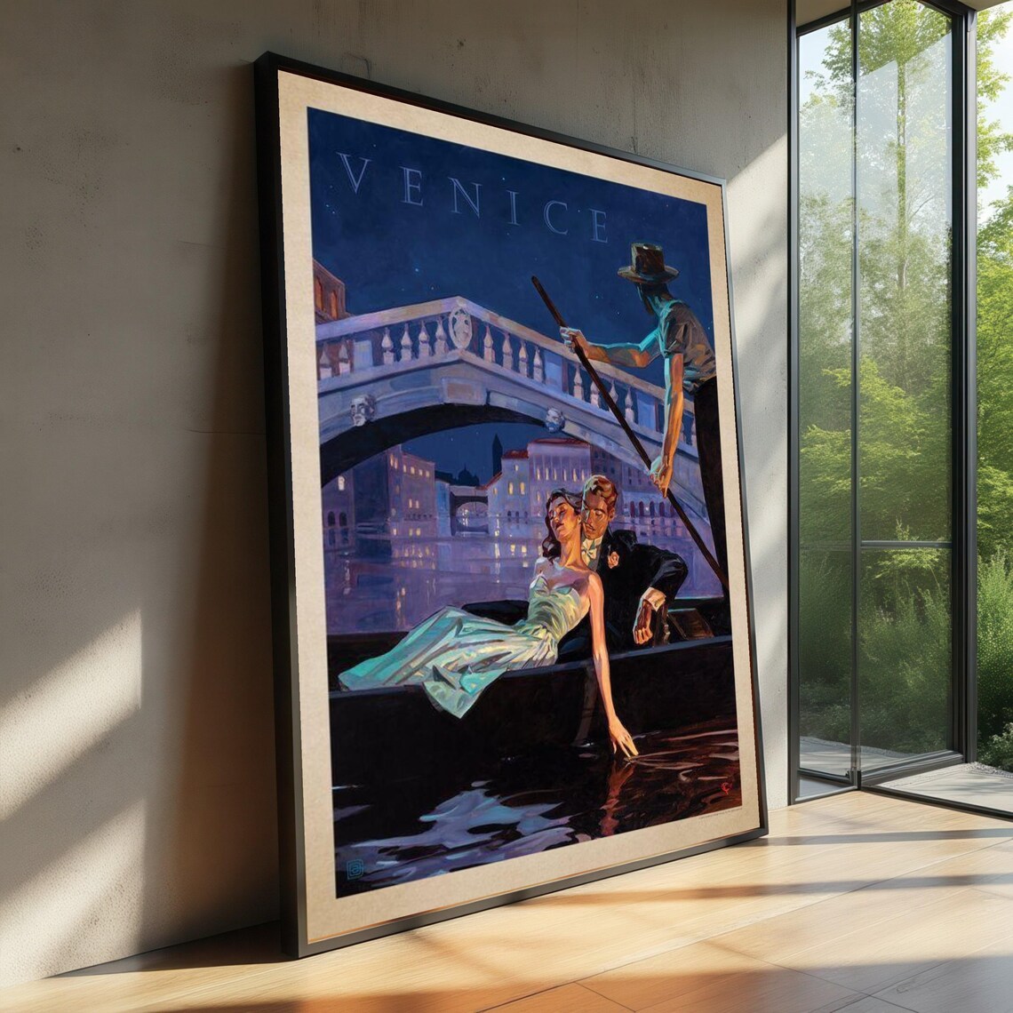 Romantic Venice Night Gondola Ride with Couple Vintage Art Poster
