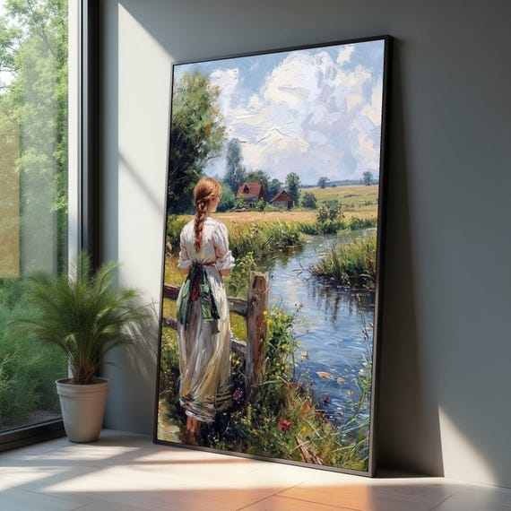 Woman By Stream Canvas Wall Art Countryside Landscape Rustic Farmhouse Decor Nature Scene Vintage Style Decoration